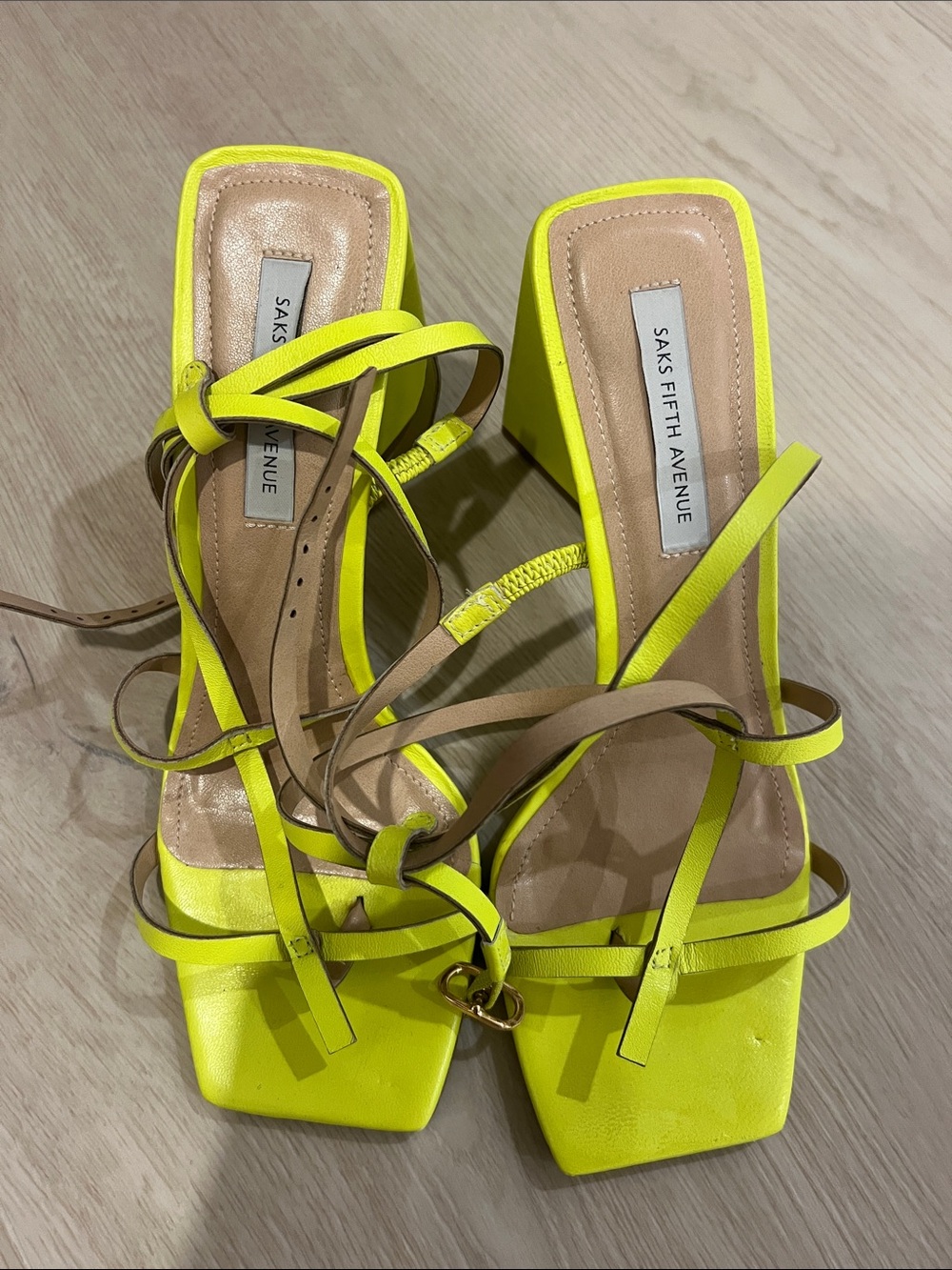 Saks Fifth Avenue Neon Yellow Strappy Square-Toe Block Heels